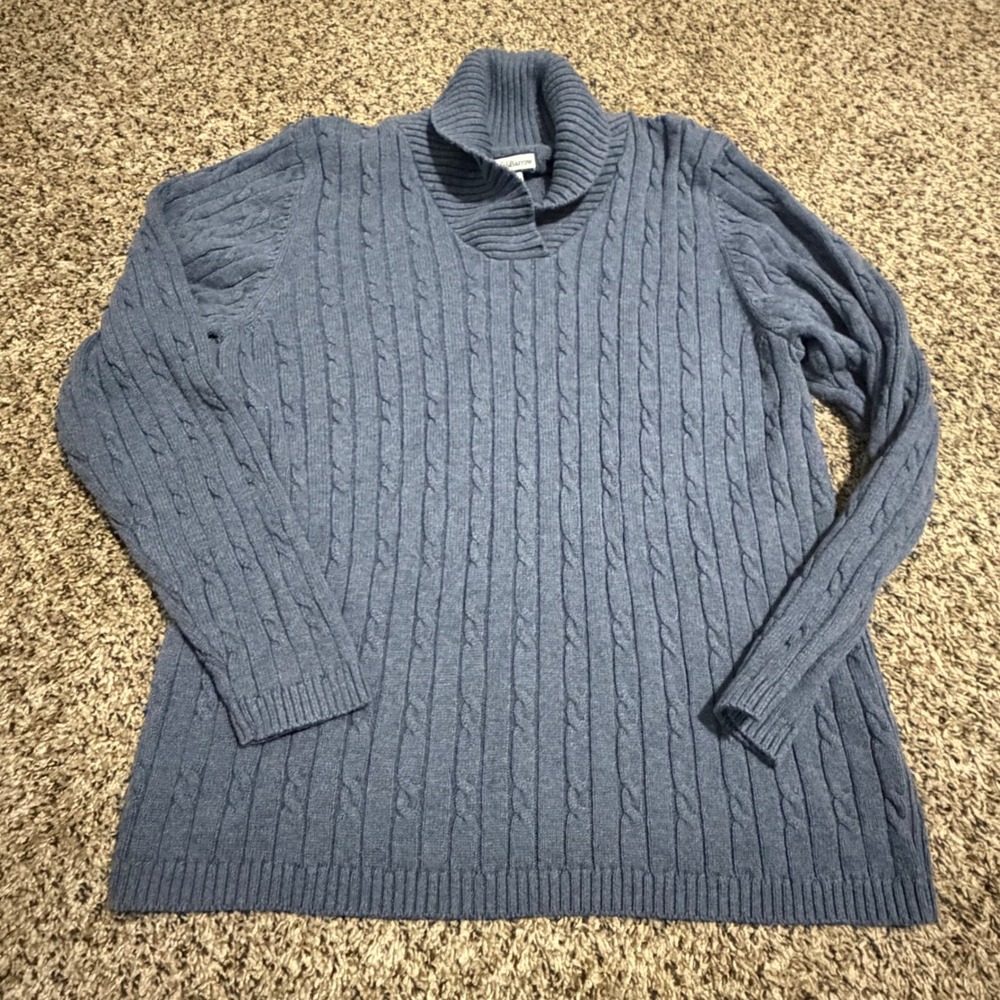 Croft & Barrow Womens 1X Blue Cable Knit Cotton Shawl Collar Sweater 1299